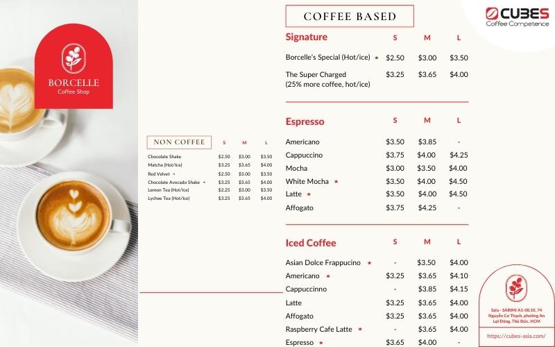 Xác định các sản phẩm đồ uống quán cung cấp có trong bảng menu quán cafe